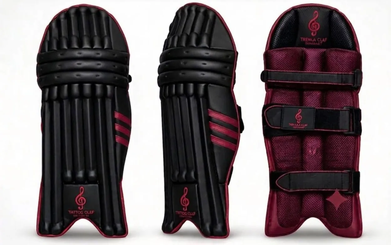 Custom black and maroon batting pads, front, side and back
